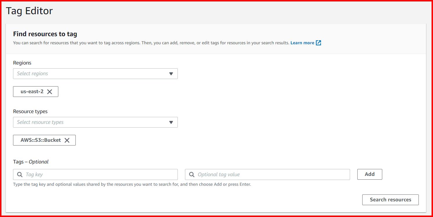 Picture showing the Tag editor screen in the AWS portal